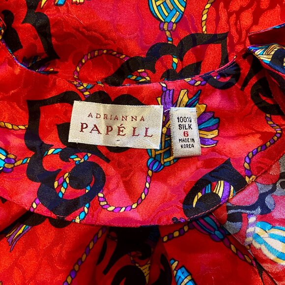 vtg 80s ADRIANNA PAPELL Red Tassel Print Silk Cocktail Dress Mod Wife Baroque 6 - Picture 9 of 10